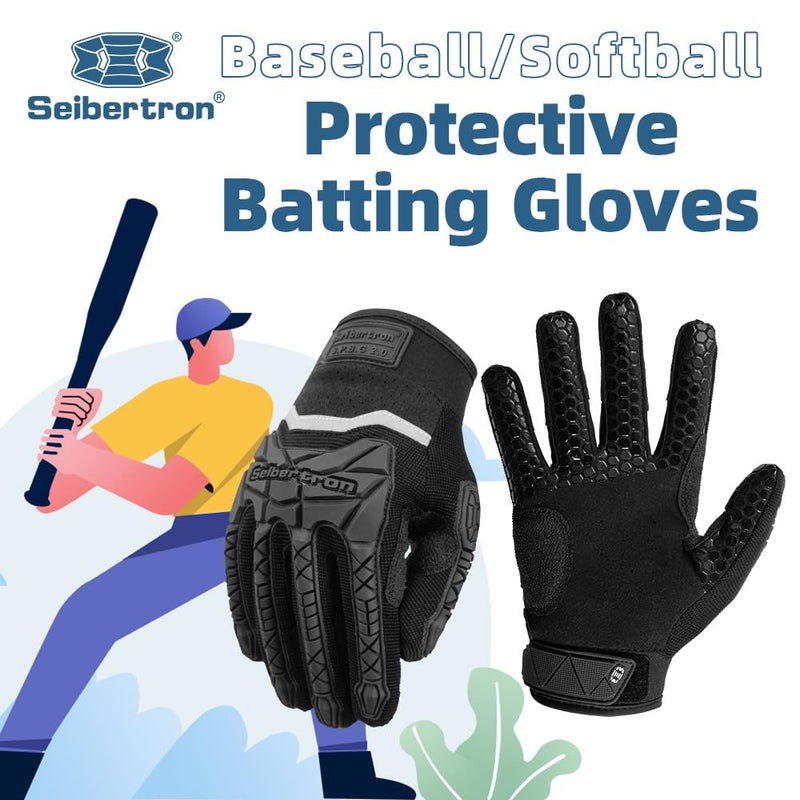 Seibertron S.P.B.G 2.0 Baseball/Softball Batting Super Grip and Protective Gloves Youth Black XL - Image 2